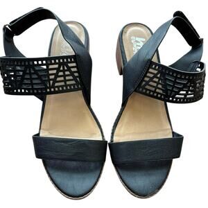 By The Way Size 6 Womens Sandals Black Leather Laser Cut Design 1.5 inch heel